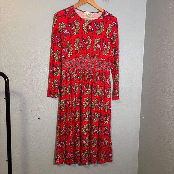Boden Thea Long Sleeve Jersey Dress Midi Red Paisley Size 8 Petite Office Modest - Picture 3 of 10